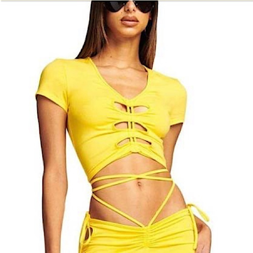 I Am Gia Minka yellow cut out strappy ties cropped top stretchy sexy women’s S